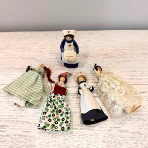 Vintage Lot of 5 Clothespin dolls Nurse Girl Teddy Bear Bride Victorian Lady